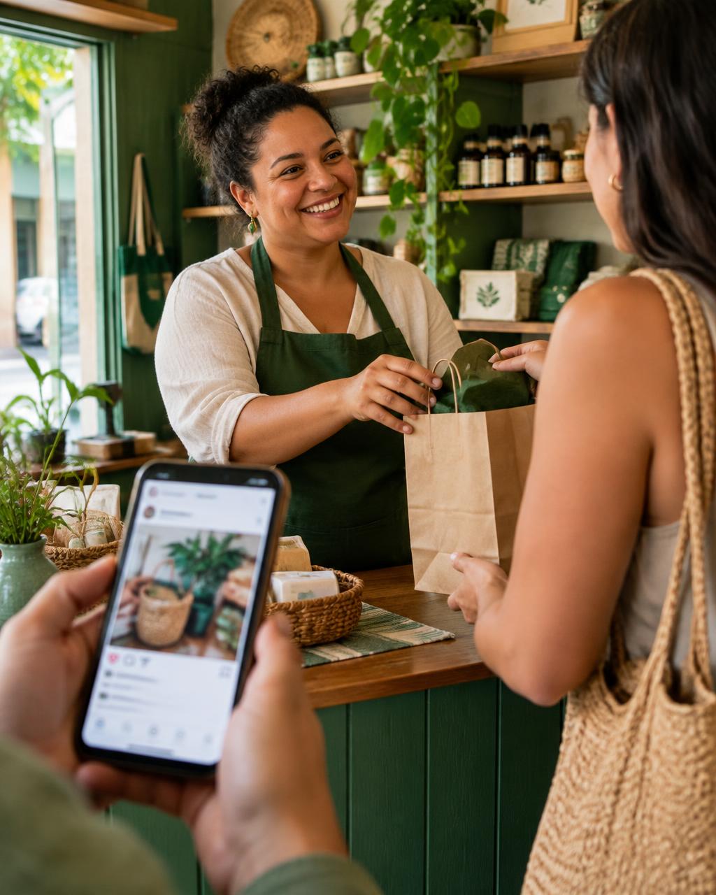 Cliente conhecendo um negócio local a partir de uma publicação no celular